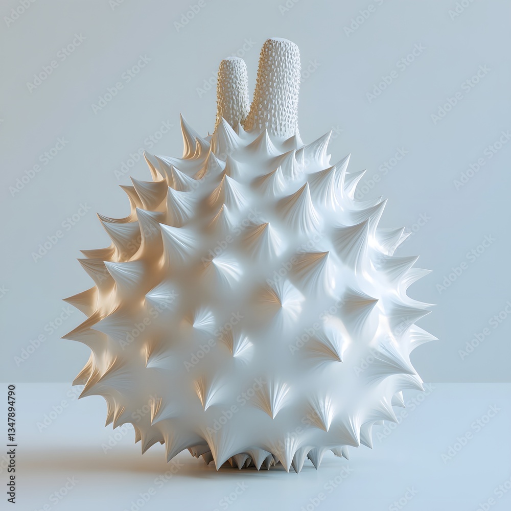 Poster a 3d render of a white spiky sphere. minimalist design. fruit isolated on a white background. durian