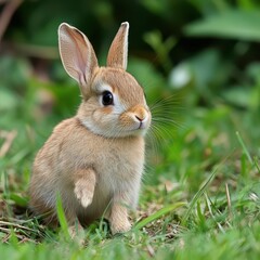 Fototapeta premium Cute rabbit exploring green grass