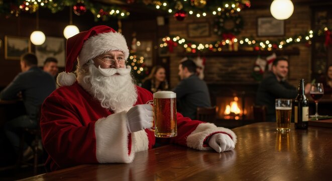 Cheerful Santa Claus at a cozy, festive pub, holding a frosty beer mug. The bar is adorned with holiday decorations, perfect for Christmas promotions and gatherings.