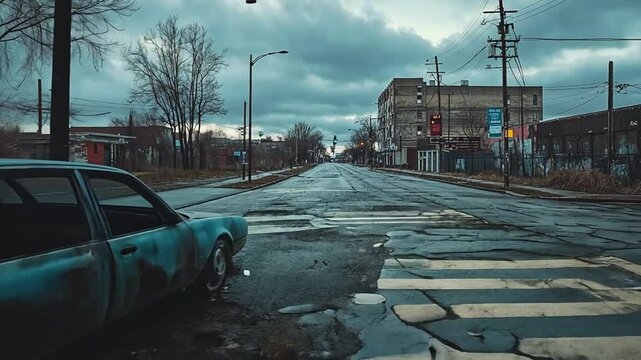 Urban decay, A desolate street and abandoned car in a forgotten city