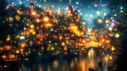 Naklejka premium Enchanting Night Scene Illuminated Fairytale City on a River