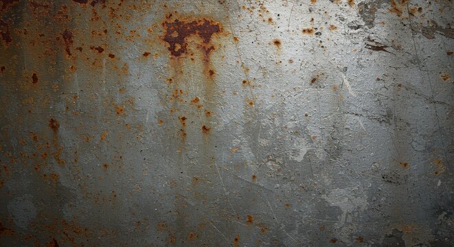 This close-up view of a weathered metal surface features rust spots and a textured gray backdrop, exuding age and industrial charm for artistic and design projects.