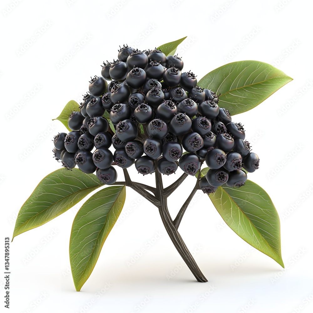Poster a bunch of dark berries on a branch with vibrant green leaves, captured in a studio setting against 