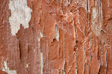 Horizontal image of a brown wooden surface damaged by weathering