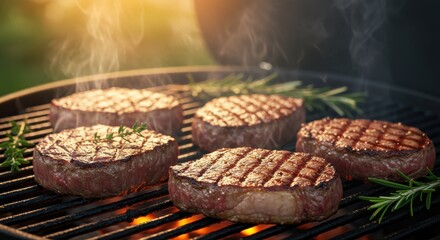 Juicy steaks sizzling on a barbecue grill, surrounded by aromatic rosemary. The image captures the essence of grilling perfection, perfect for ads related to summer cookouts and culinary delights.
