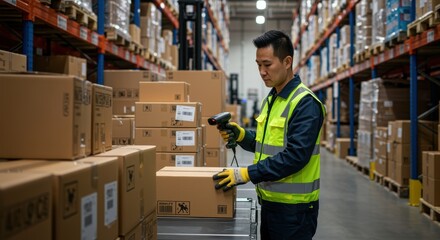 A warehouse worker scans a barcode on a box, surrounded by neatly stacked packages, highlighting organization and efficiency in logistics operations.