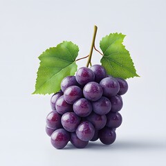 Fototapeta premium Close-up shot of a bunch of vibrant purple grapes with green leaves, showcasing their juicy texture. Fruit Isolated on a white background. Luscious Purple Grapes, Freshly Harvested