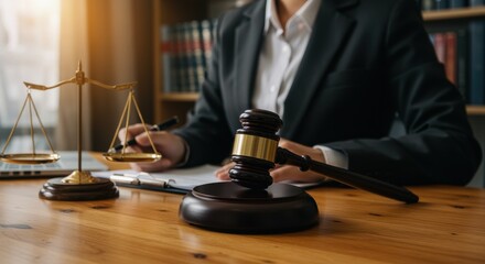 A professional setting featuring a gavel and scales of justice on a wooden desk. A person in a suit is taking notes with a pen, showcasing a legal environment. Ideal for law-related topics.