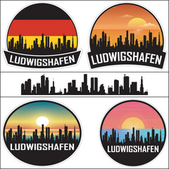 Obraz premium Ludwigshafen Germany Flag Skyline Cityscape Silhouette Travel Souvenir Sticker Isolated Vector