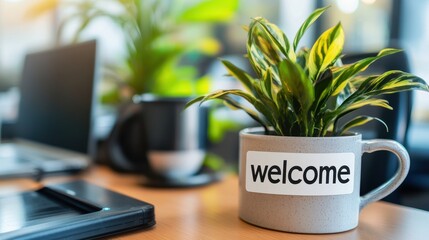 Welcome Sign on Office Desk Plant with Warm Greeting.