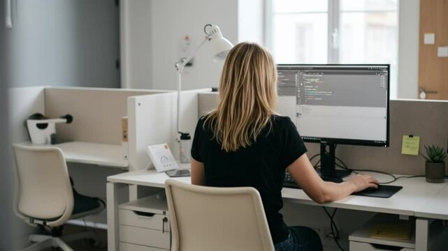 A person working at a desk with a computer in a modern office setting.