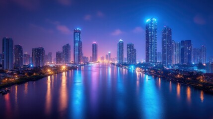 Obraz premium City skyline illuminated at night over calm river.