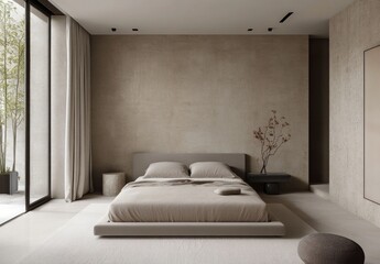 A modern minimalist bedroom with neutral colors and natural light