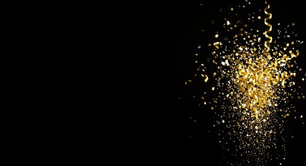 Fototapeta premium Celebratory confetti and gold streamers cascading against a dark backdrop evoking joy and festivity representing a moment of excitement