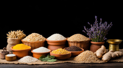 vibrant still life composition featuring various spices, grains, and herbs in clay pots, showcasing rich array of colors and textures. scene evokes sense of warmth and abundance