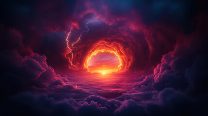Obraz premium stunning sunset with vibrant colors and dramatic clouds, illuminated by lightning, creates mesmerizing scene in sky. swirling clouds frame glowing sun, evoking sense of wonder and awe