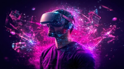 A man wea a virtual reality headset immersed in a colorful explosion of pink and purple geometric shapes and digital particles in a virtual world