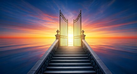A celestial stone staircase stretching across a vibrant, sunset-lit sky leading toward an open golden gate, Ai Generated