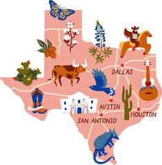 Map of Texas state with symbols. Vector illustration