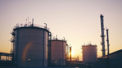 Obraz premium Oil Refinery Silhouettes at Sunset Industrial Energy.