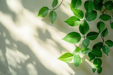 Green plant with leaves on wall, sunlight casting shadows, urban botanical beauty.