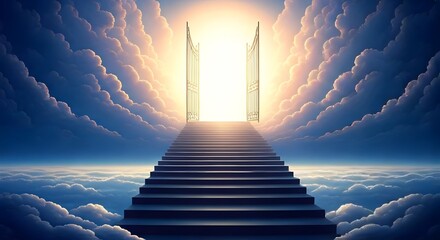 A heavenly staircase rising from an ocean of clouds, leading to an open gate of light and serenity, Ai Generated