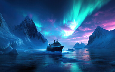 stunning icebreaker ship navigates through icy waters under mesmerizing aurora borealis, surrounded by majestic mountains and serene landscape