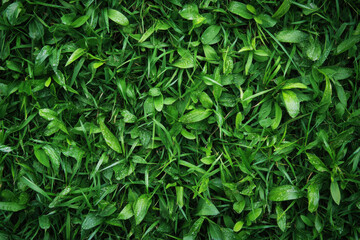 Green grass with water drops illuminated by morning sunlight.