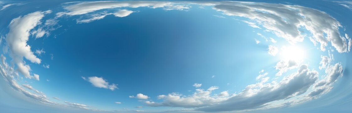 Seamless panorama spherical view of blue sky with clouds. 360 degree equirectangular format for 3D graphics, game, aerial drone panoramas, sky dome backgrounds.