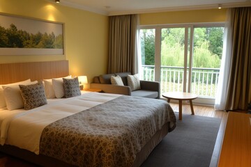 A comfortable hotel bedroom shows a large bed and view