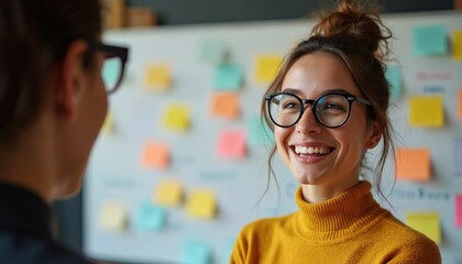 Two businesswomen discuss strategy, smiling in creative modern office. Team brainstorming with colorful sticky notes on whiteboard. Women leadership, positive workplace, teamwork, communication,