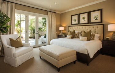 A beautifully decorated bedroom with elegant furnishings and natural light