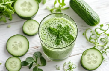 Refreshing Green Smoothie with Mint Garnish and Fresh Cucumbers on a Rustic Wooden Table Surrounded by Healthy Ingredients