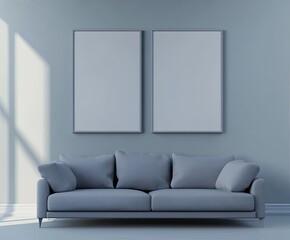 Empty frames on wall, light streaming in, modern couch, interior design