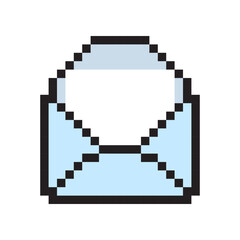 Obraz premium Pixel envelope icon. Open mail graphic. Vector postal shape. Simple blue concept.