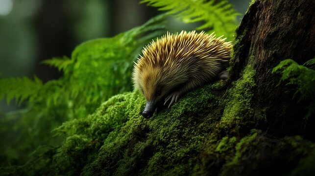 Western Long Beaked Echidna pressing against mossy tree trunk utilizing natural camouflage evade detection dense jungle soft interplay of green hue shadow creates visually stunning wildlife moment