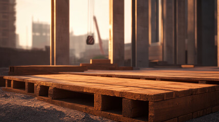 Obraz premium Wooden pallets on construction site with warm sunset glow, showcasing industrial environment and materials used in building projects