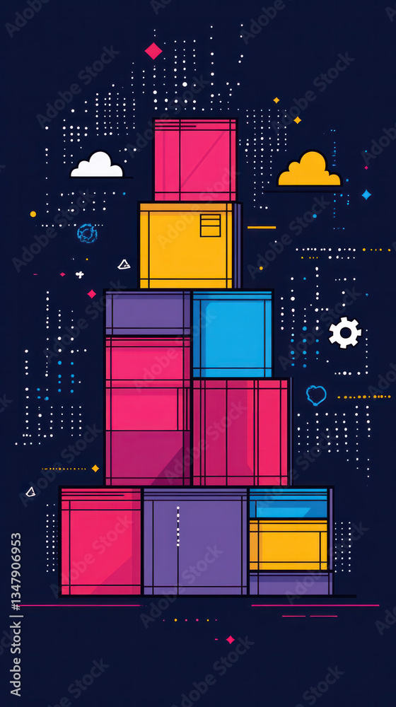 Poster a stack of colorful boxes with a cloud in the background. the boxes are arranged in a pyramid shape,