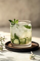 Fototapeta premium Refreshing Mint and Cucumber Beverage with Ice Served in a Glass on Wooden Tray Surrounded by Fresh Herbs and Flowers in Soft Light
