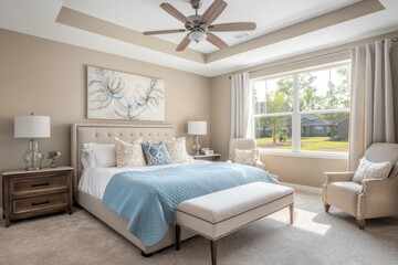 A beautifully decorated bedroom with a large comfortable bed and chairs