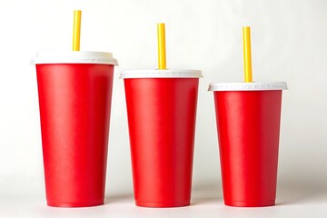 Three red plastic cups with straws isolated on white background