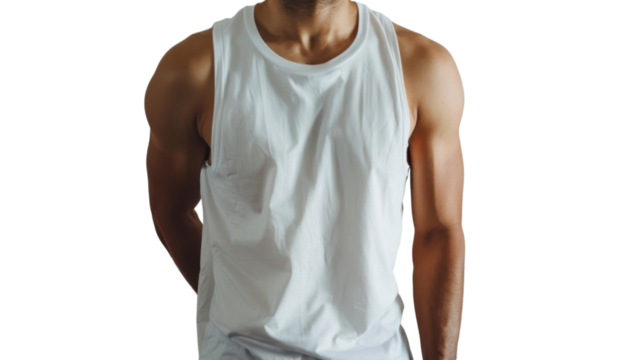 Muscular man wearing white sleeveless shirt on transparent background