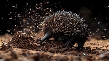 Western Long Beaked Echidnas snout burrowing into crumbling anthill sending tiny insect scattering fine detail of anthill structure echidna rough textured beak create visually compelling macro