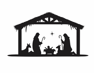 Silhouette Nativity Scene with Animals and Star. Vector image