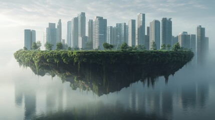 Fototapeta premium Floating City Metropolis Island: A Surreal Urban Oasis in Misty Waters