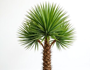 Vibrant green yucca plant with spiky leaves on multiple branches. Isolated on a white background. Botanical theme, natural design element for wellness, eco-friendly design. Studio shot.