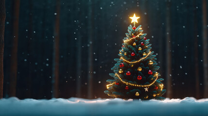 Obraz premium tall Christmas tree adorned with colorful ornaments and lights stands in snowy forest, creating magical winter scene filled with joy and warmth