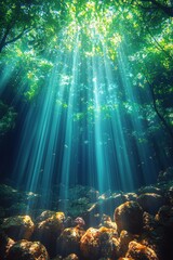 Fototapeta premium Sunlight streams through trees onto rocky underwater scene.