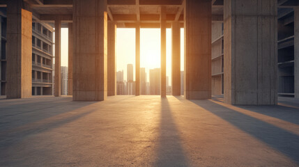 spacious inner city building site with concrete pillars and sunset light casting long shadows. urban skyline is visible through openings, creating serene atmosphere
