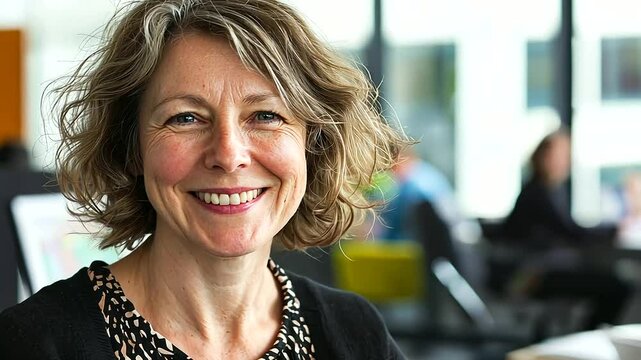 Dynamic female leader spearheading a web development team in a sunlit office setting.